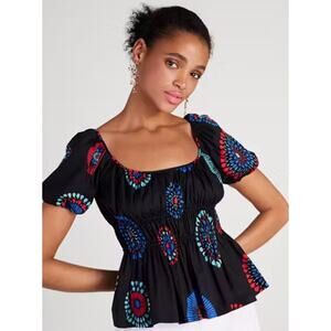 Kate Spade Smocked Puff Sleeve Riviera Top Peplum Fireworks Small Patriotic
